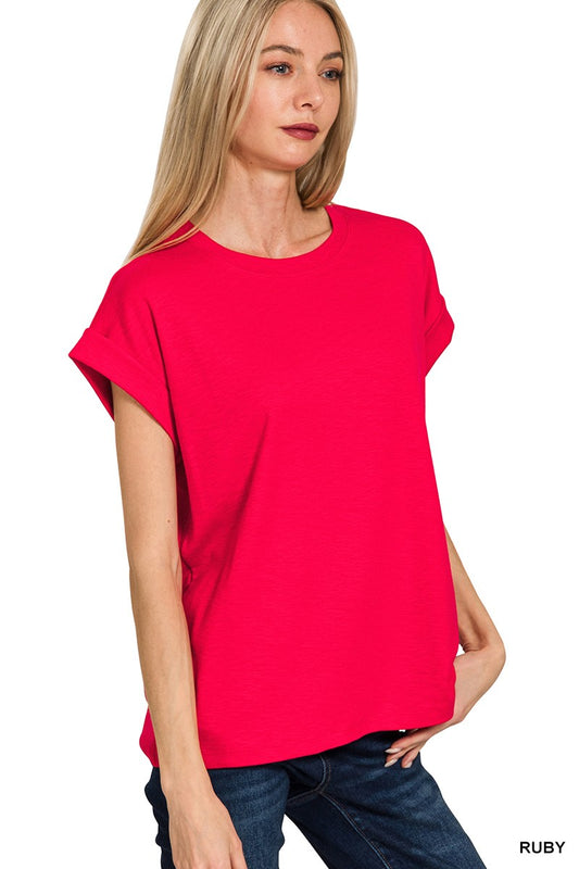 Solid Slub Round Neck Rolled Sleeve Top-Spring