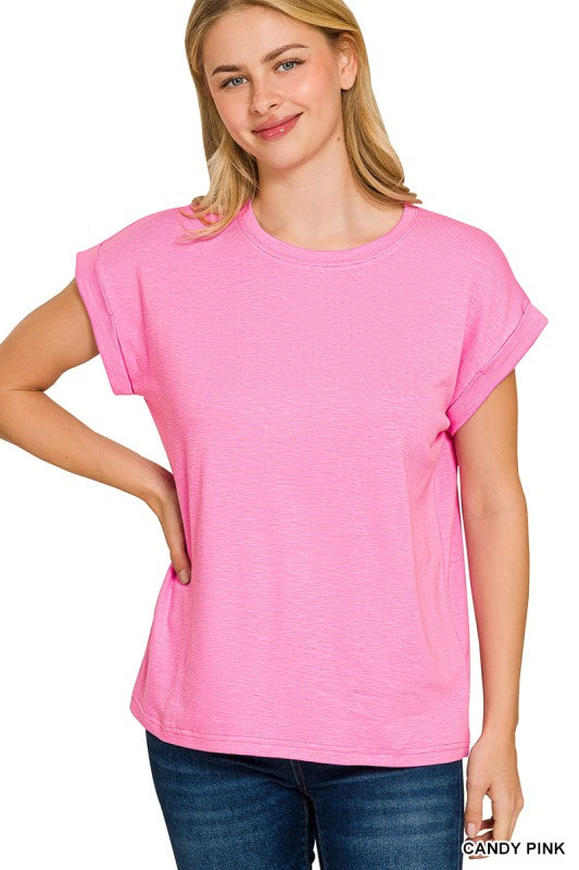 Solid Slub Round Neck Rolled Sleeve Top-Spring