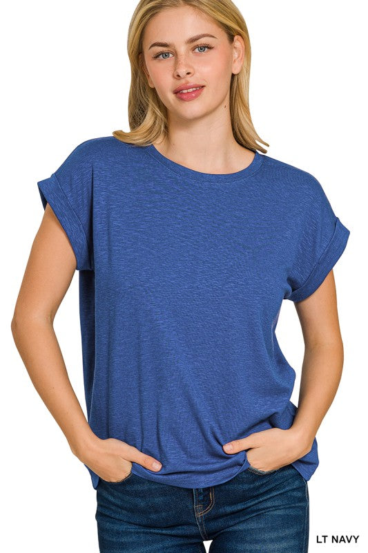 Solid Slub Round Neck Rolled Sleeve Top-Spring