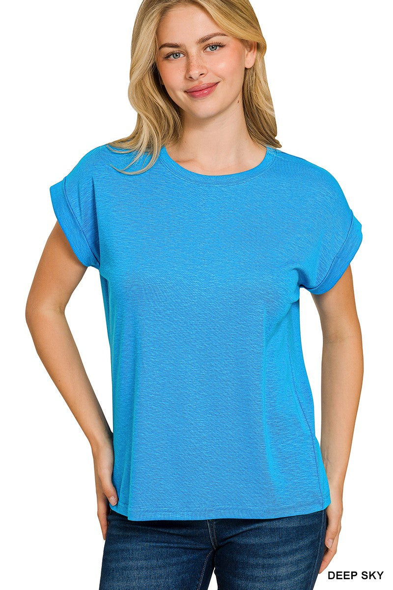 Solid Slub Round Neck Rolled Sleeve Top-Spring