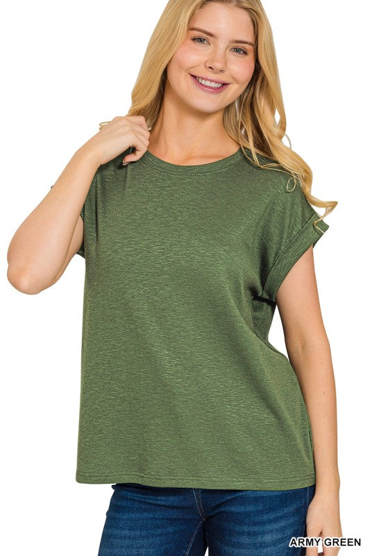 Solid Slub Round Neck Rolled Sleeve Top