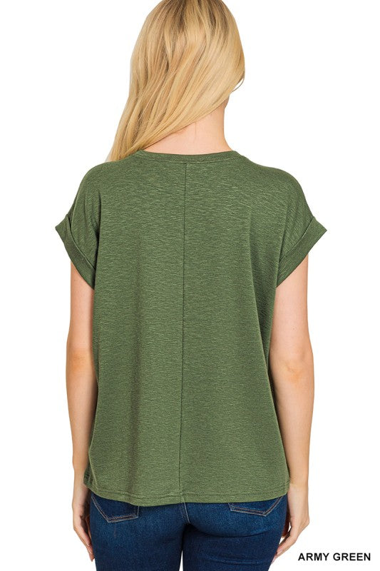 Solid Slub Round Neck Rolled Sleeve Top
