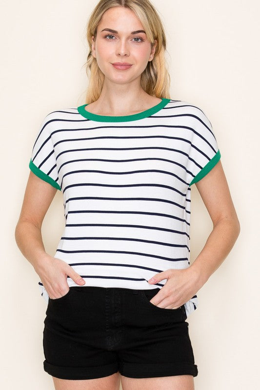 Color Trimmed Striped Crew Neck Top