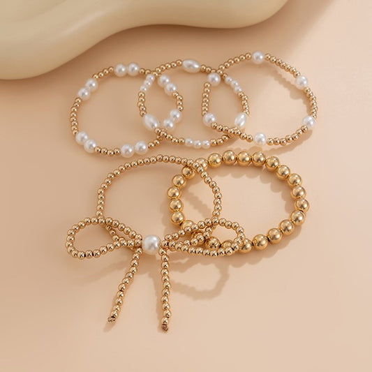Pearl Beaded Bow Bracelet Set