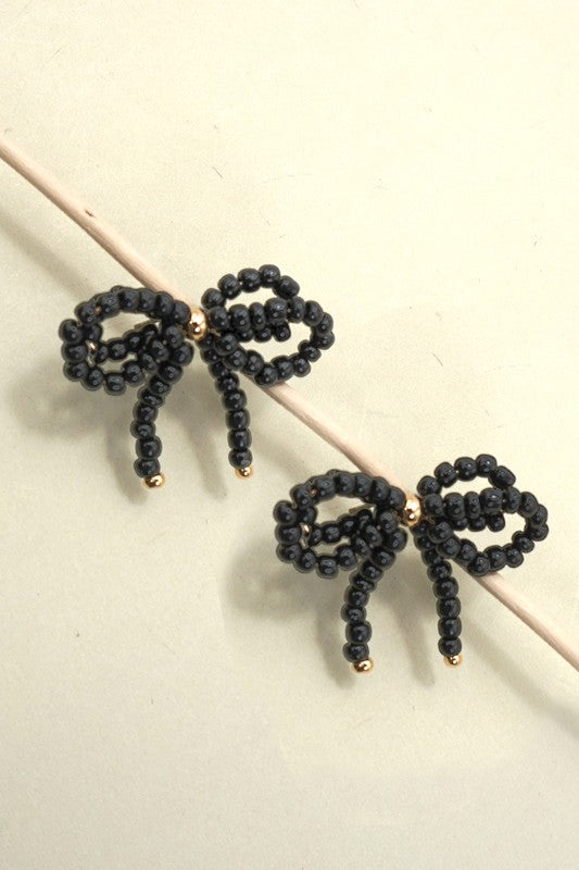 Beaded Double Bow Post Earring-Black