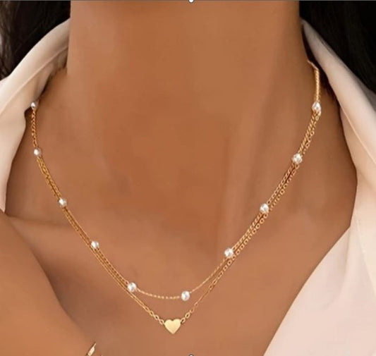Layered Pearl Chain & Heart Necklace