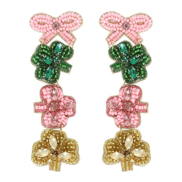 Bow & Clovers Beaded Drop Earring-Pink