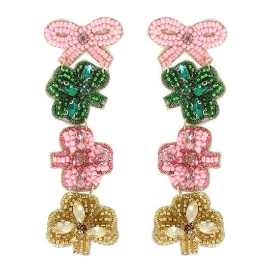 Bow & Clovers Beaded Drop Earring-Pink