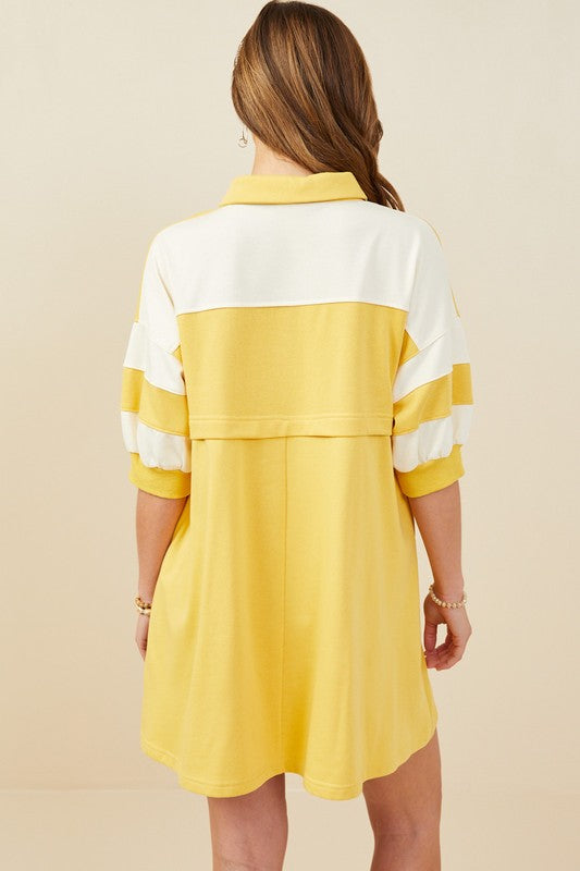 Collared Color Block Elbow Sleeve Terry Dress-Yellow