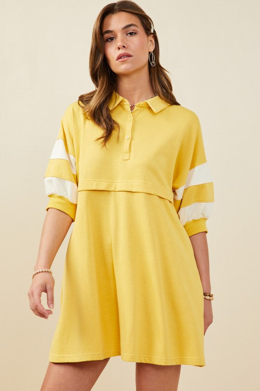 Collared Color Block Elbow Sleeve Terry Dress-Yellow