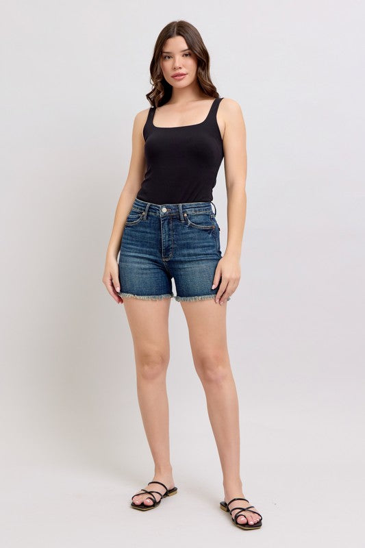 HW Tummy Control Shield Pocket Fray Hem Denim Shorts-Dark