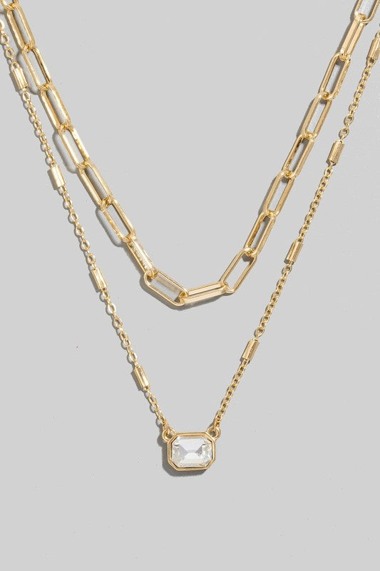 Faceted Gem Double Chain Layer Necklace-Gold