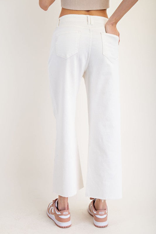 Mid Rise Raw Hem Straight Slant Pocket Pant-Off White