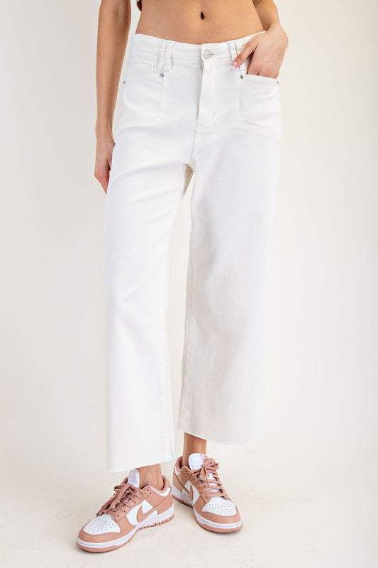 Mid Rise Raw Hem Straight Slant Pocket Pant-Off White