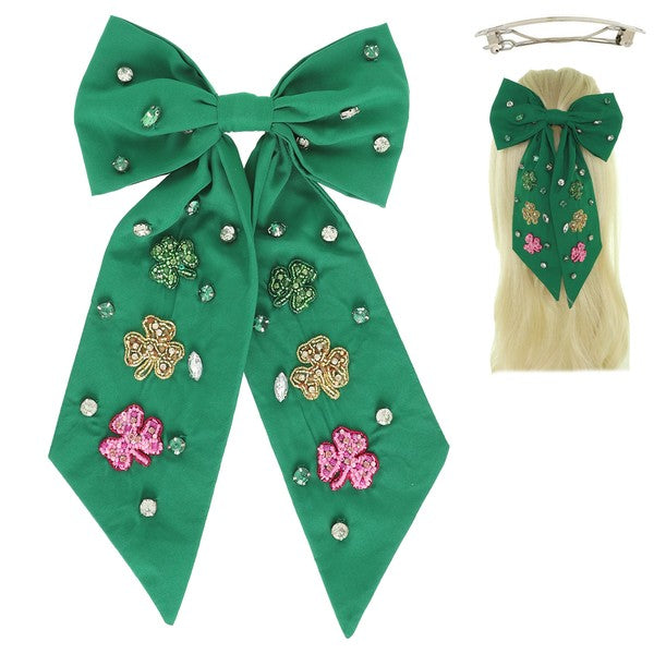 Beaded Clover & Rhinestone Bow Clip-Green