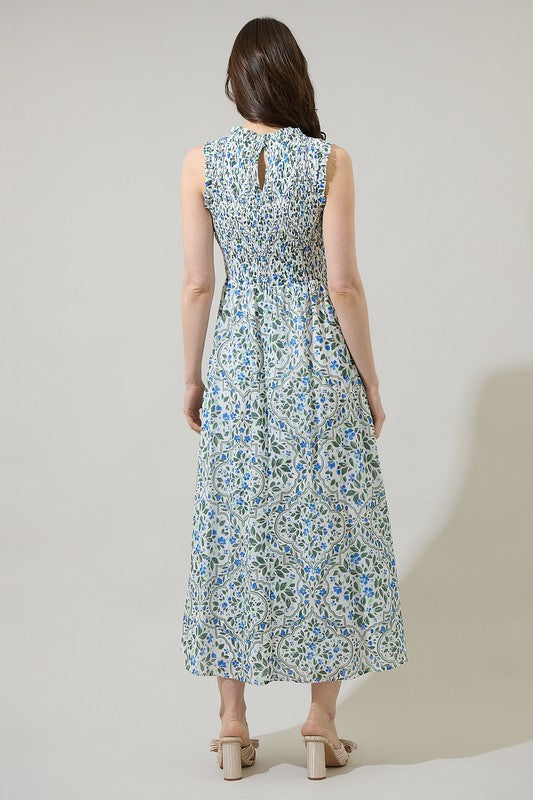 Medallion Floral Sleeveless Smocked Top Midi Dress-Wht