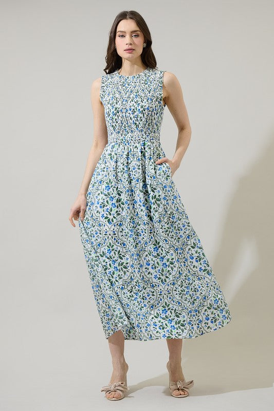 Medallion Floral Sleeveless Smocked Top Midi Dress-Wht