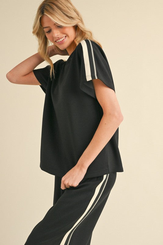Striped Shoulder Short Sleeve Track Top-Black