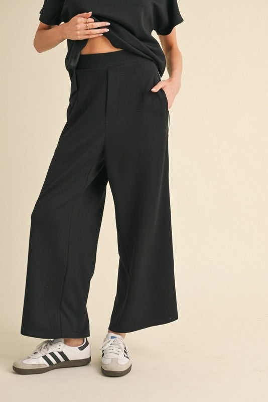Side Striped Wide Leg Track Pant-Black