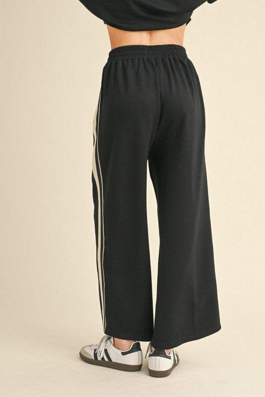 Side Striped Wide Leg Track Pant-Black