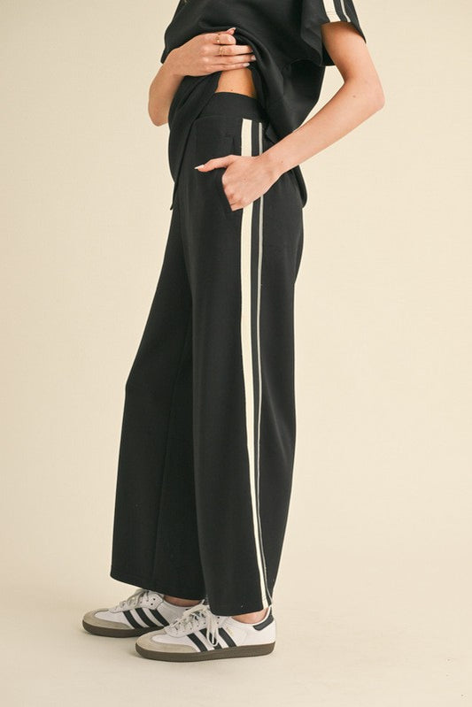 Side Striped Wide Leg Track Pant-Black