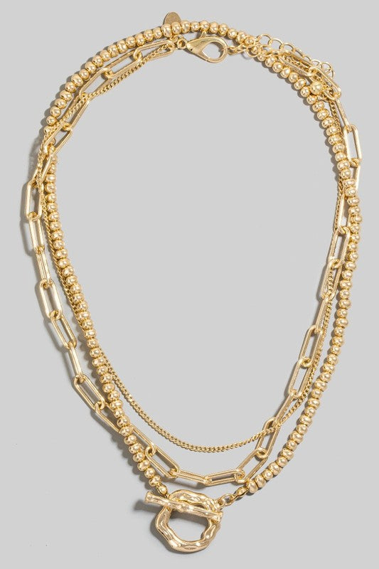 Chunky Triple Chain Front Toggle Necklace-Gold