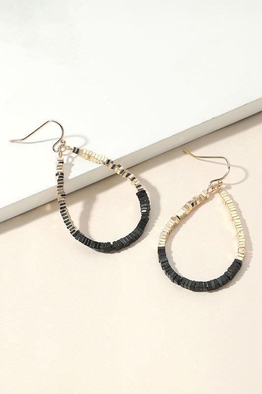 Teardrop Square Beaded Drop Earring-Black