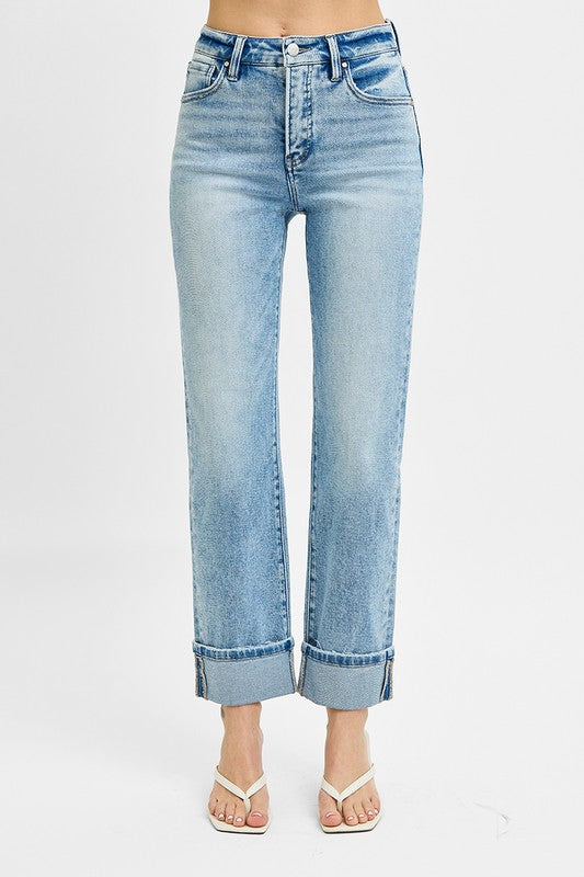 Tummy Control Crop Folded Cuff Straight Denim-Light
