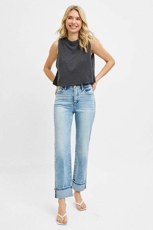 Tummy Control Crop Folded Cuff Straight Denim-Light