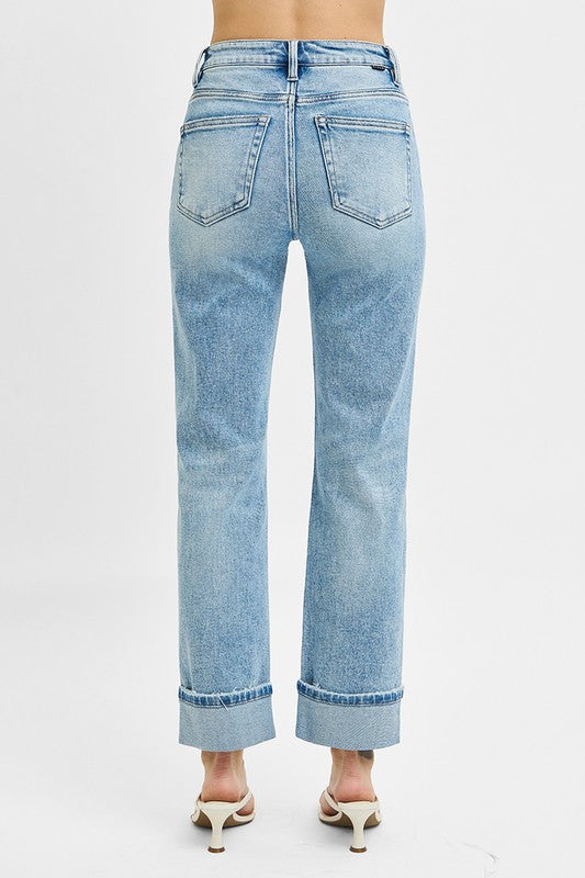 Tummy Control Crop Folded Cuff Straight Denim-Light