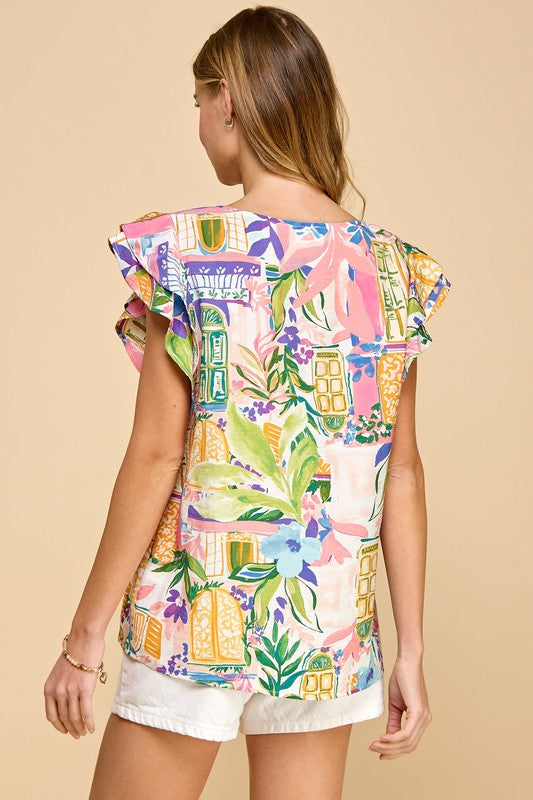Vacation Print Double Ruffle Sleeve Top