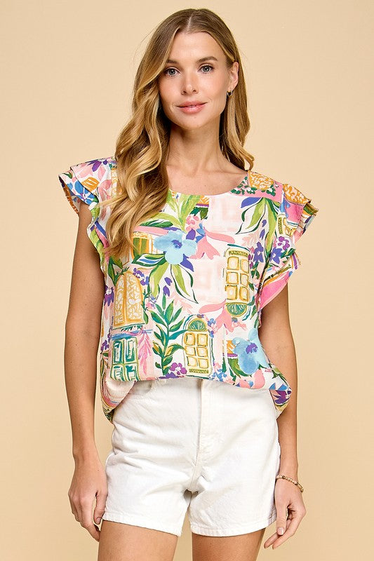 Vacation Print Double Ruffle Sleeve Top
