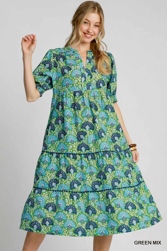 Floral Bloom Notched Neck Smocked Sleeve Midi Dress-Green