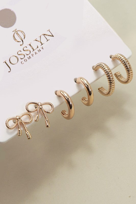 Bow & Huggie Metal Hoop Trio Earring Set