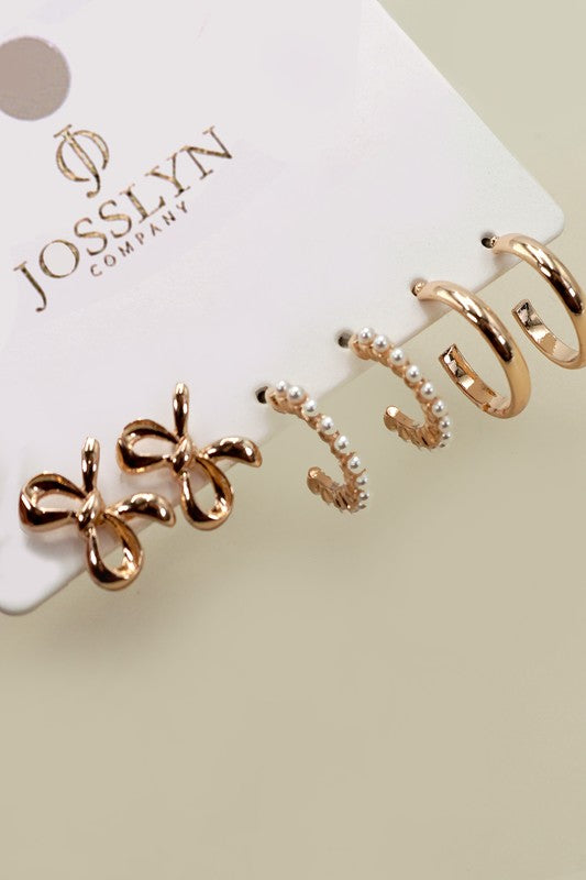 Bow, Pearl & Metal Hoop Trio Earring Set