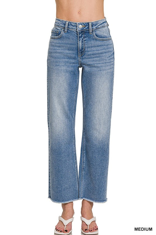 High Waist Straight Leg Fray Hem Denim-Med Wash