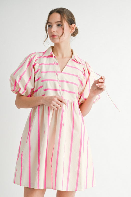 Striped Puff Sleeve Collared Tie Neck Dress