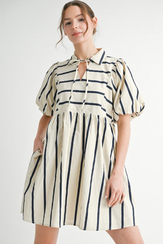 Striped Puff Sleeve Collared Tie Neck Dress