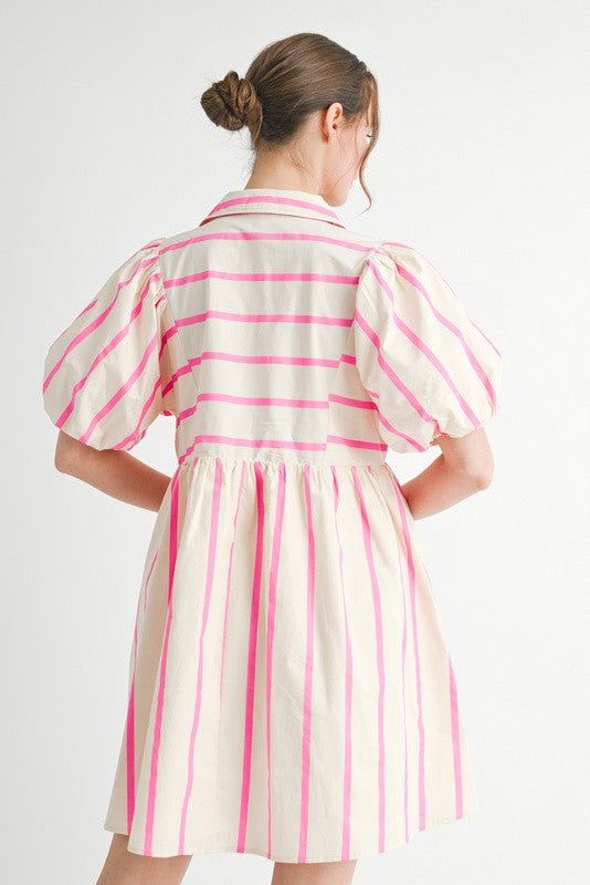 Striped Puff Sleeve Collared Tie Neck Dress