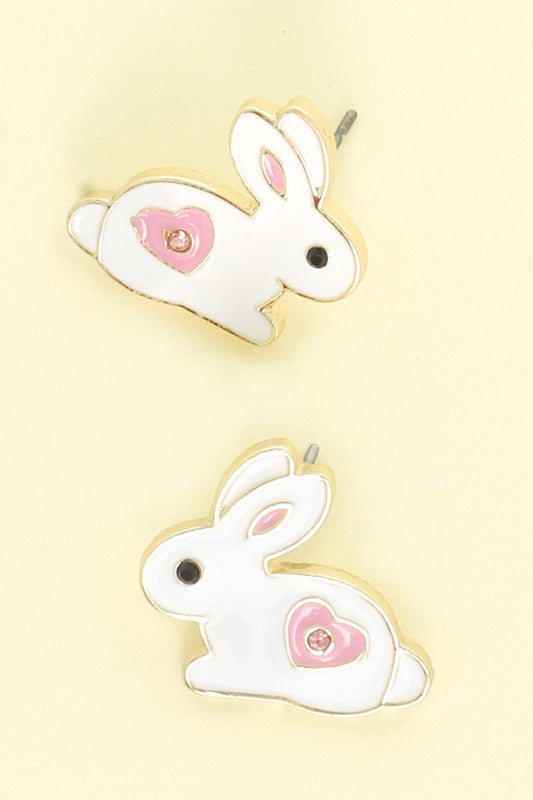 Sitting Bunny Heart Stud Earring-White