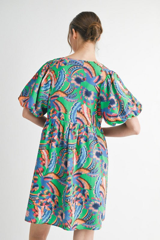 Fan Print Tie Neck Balloon Sleeve Dress-Green
