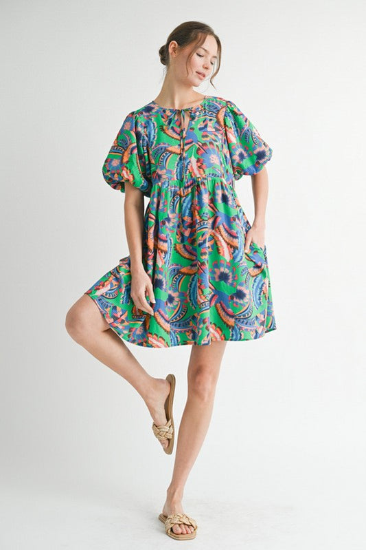 Fan Print Tie Neck Balloon Sleeve Dress-Green