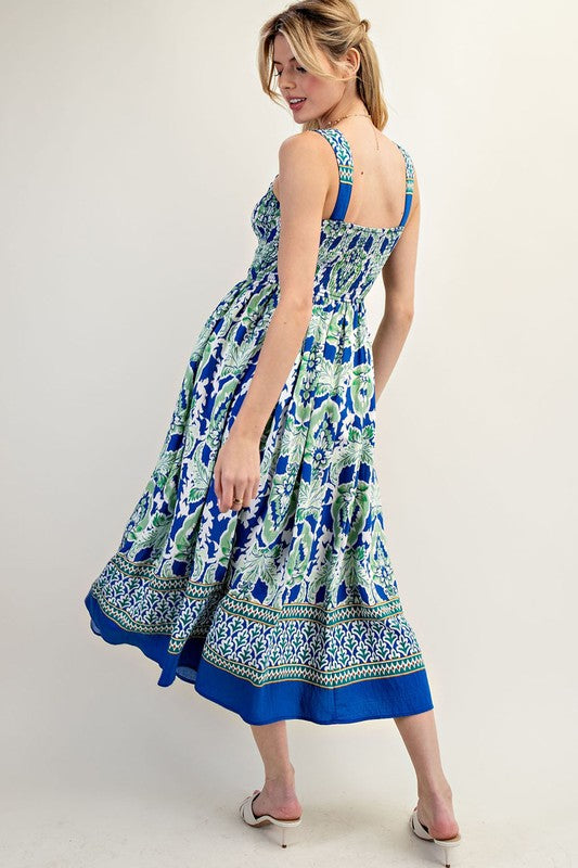 Sleeveless Floral Border Print Smocked Midi Dress-Royal