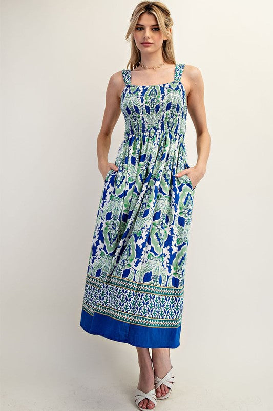 Sleeveless Floral Border Print Smocked Midi Dress-Royal