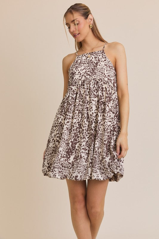 Animal Print Spaghetti Strap Bubble Hem Dress-Ivory