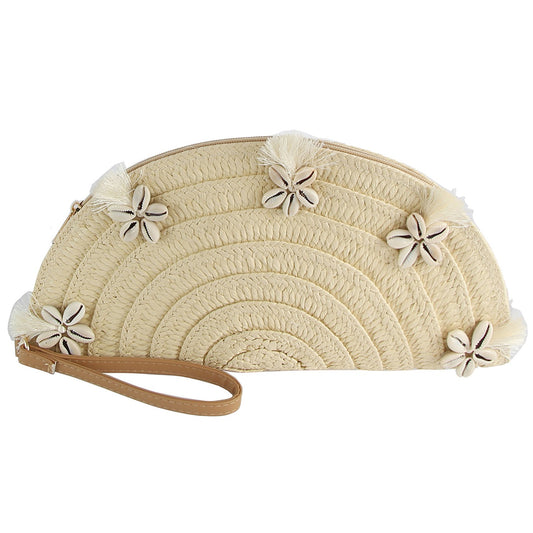 Cowrie Shell & Tassel Half Moon Straw Clutch