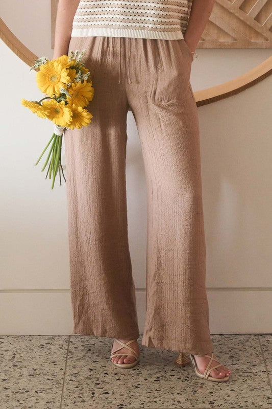Solid Wide Leg Drawstring Waist Pants