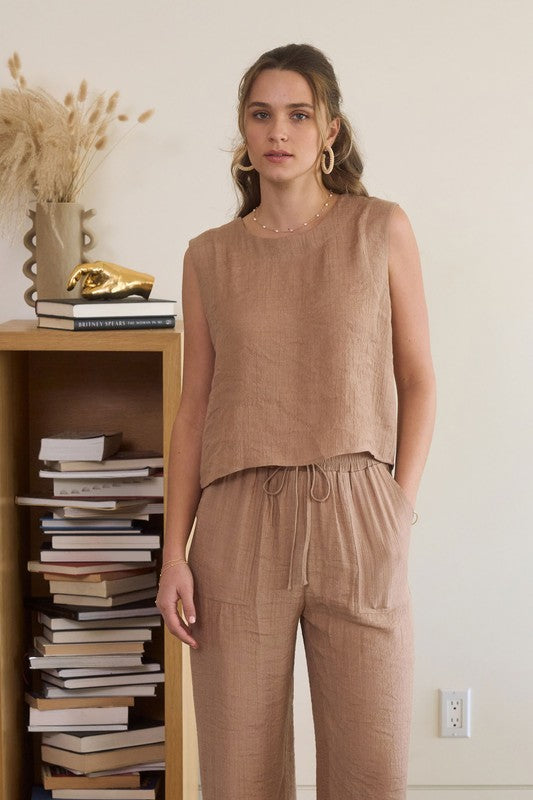 Sleeveless Button Back Split Hem Top-Tan