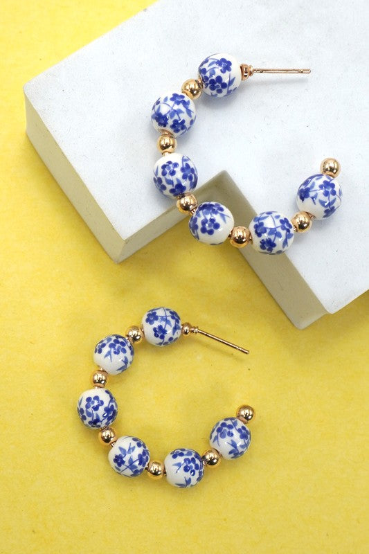Floral Toile & Ball Bead Hoop Earring
