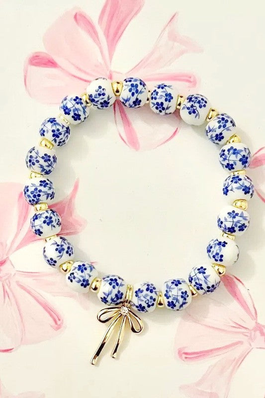 Bow Charm Floral Porcelain Single Bracelet-Blue